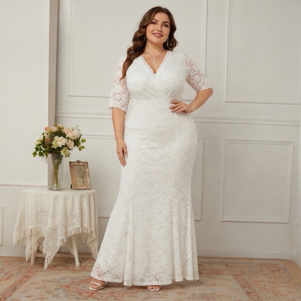 Pinup Fashion White Lace Mermaid Maxi Dress Plus Size Formal Bridal Cottagecore
